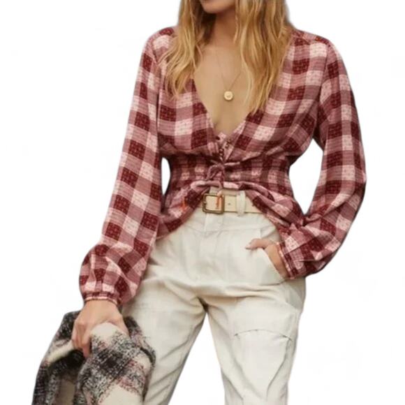 Pilcro by Anthropologie Tops - CLEARANCE Anthropologie Pilcro Maroon Pink Plaid Long Sleeve V-Neck Top Sz XS